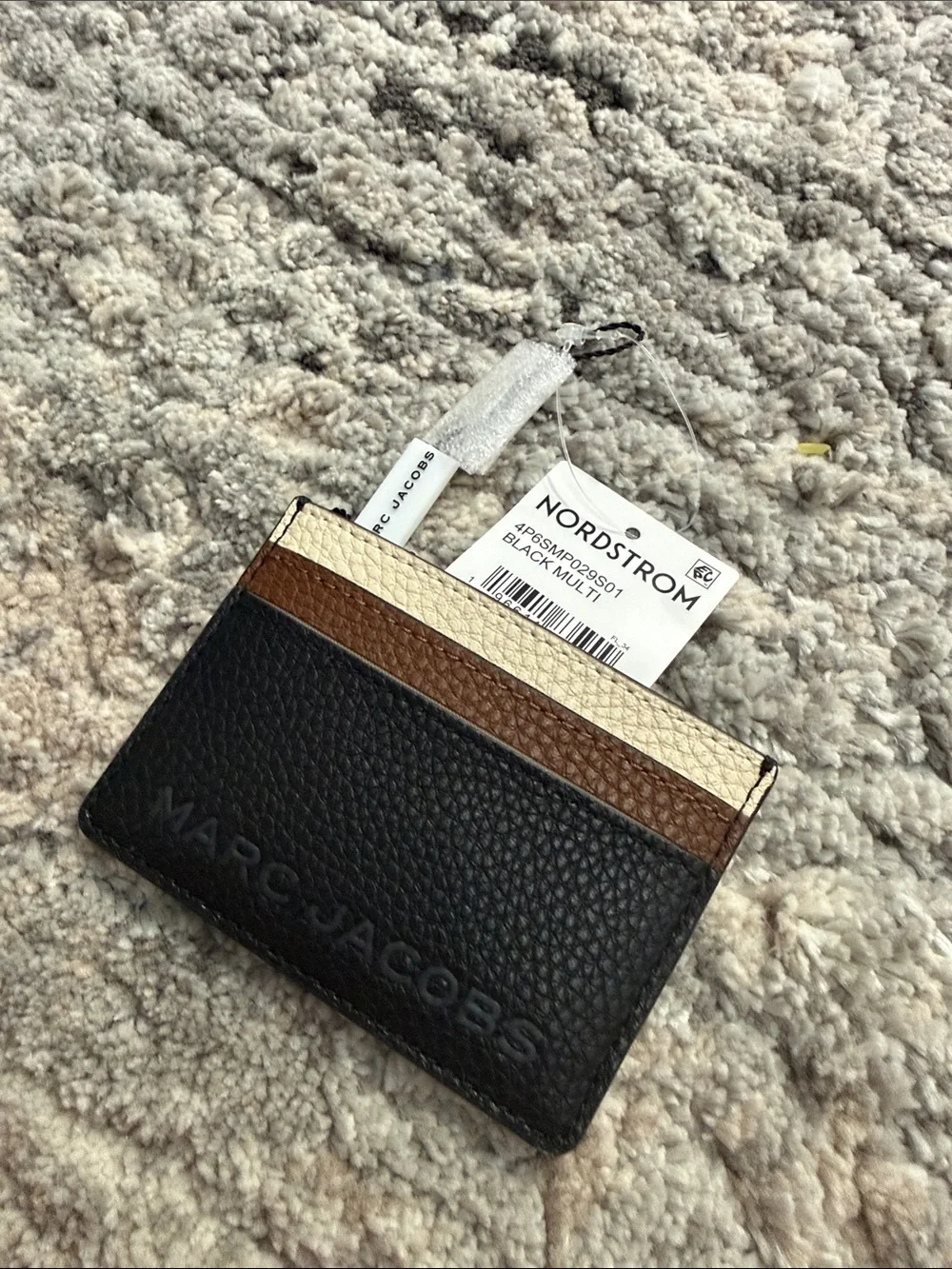 Marc Jacobs Black Card & Key Holder with Cream and Brown Stripes